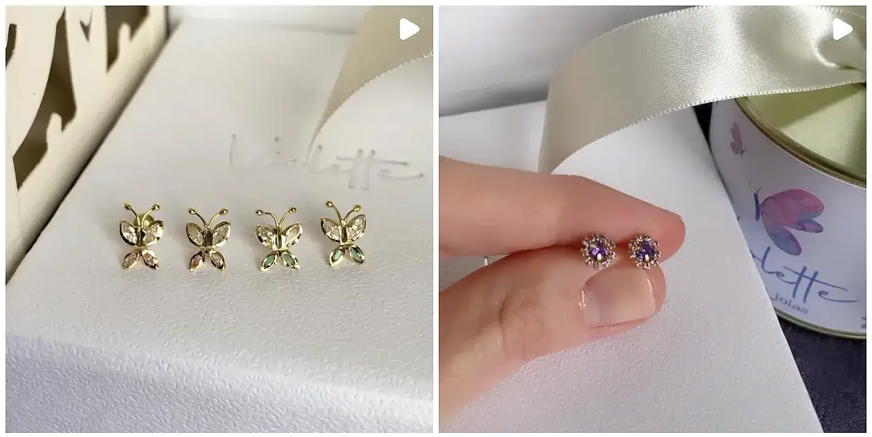 Três brincos infantis da Violette Joias com pedras preciosas