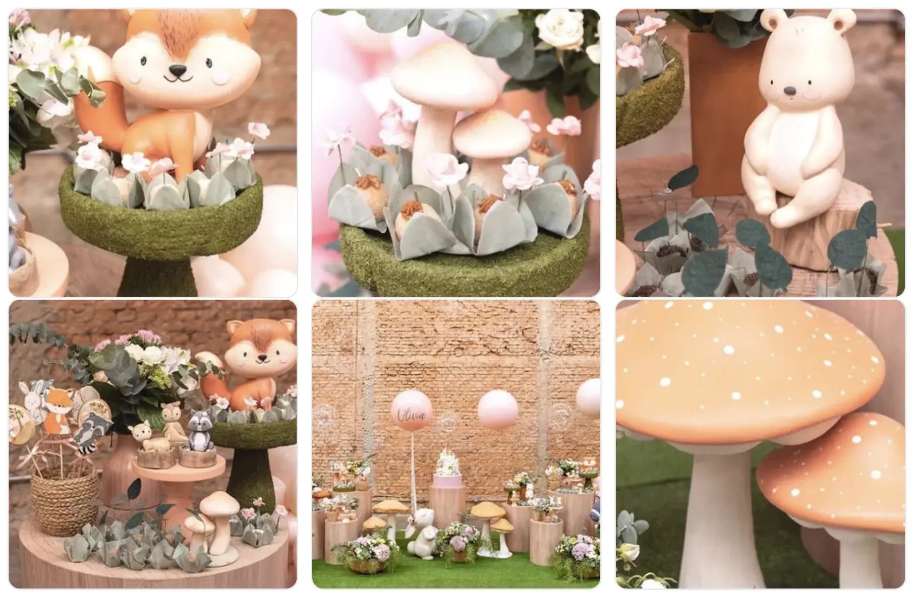 Seis fotos de festa infantil com tema Bosque Encantado pela Voilá que faz locação de decoração e móveis