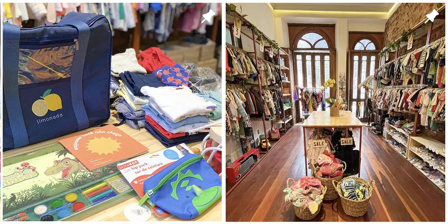 Duas fotos da loja - close de uma mesa de centro com vários produtos em cima e uma foto geral do ambiente da loja