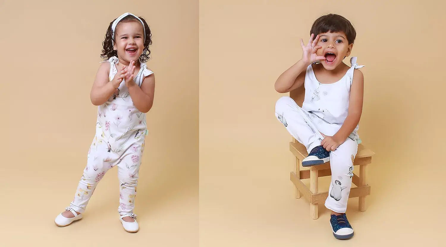 Menina e menino fotografando em estúdio, vestindo Mimor Kids