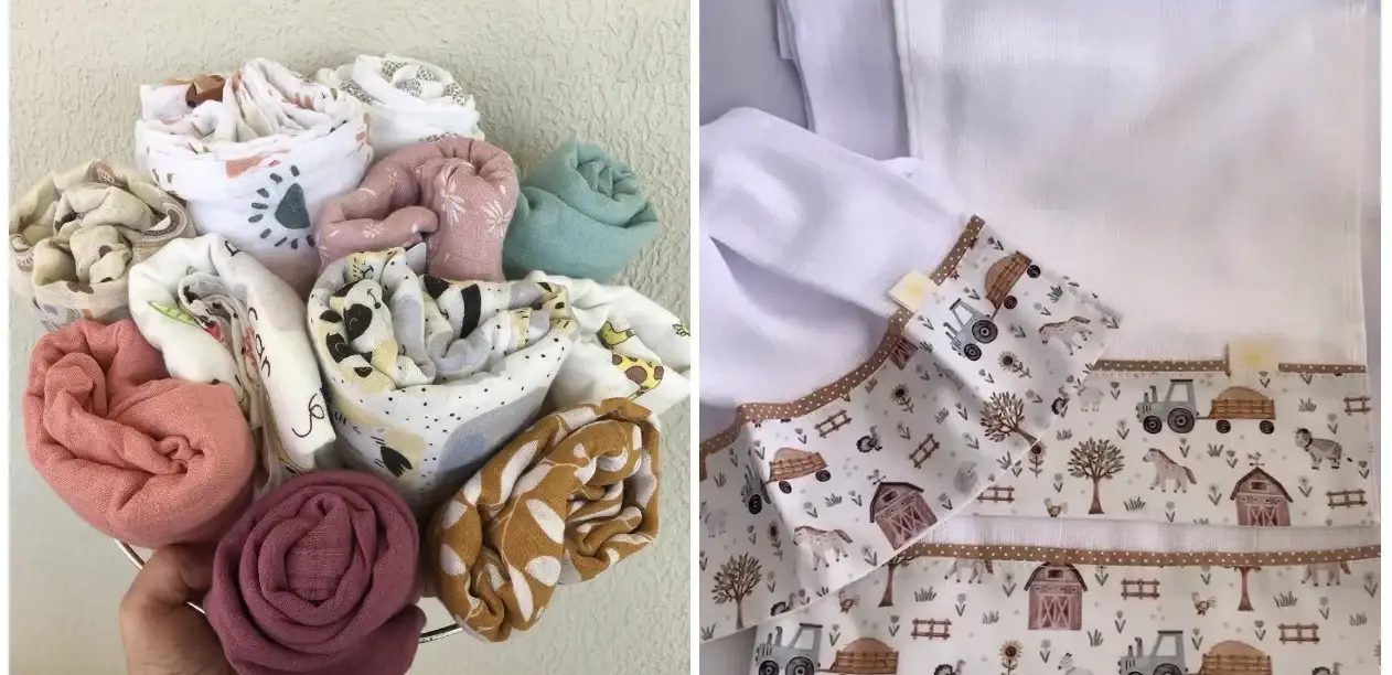 Produtos da Novo Sol Enxoval - várias mantas em uma cesta e um kit enxoval com estampa de fazenda