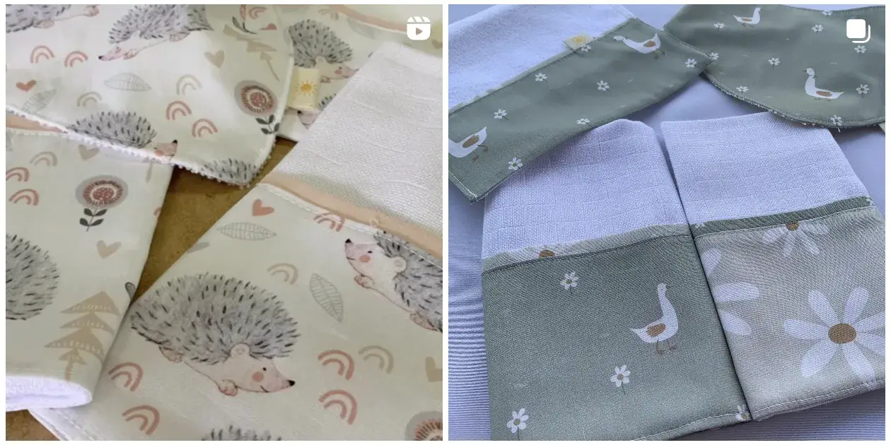 Produtos da Novo Sol Enxoval com estampas de porco espinho, patos e margarida branca