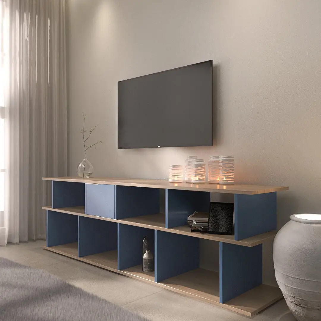 Rack modular azul e madeira na sala de TV - Just Real Moms