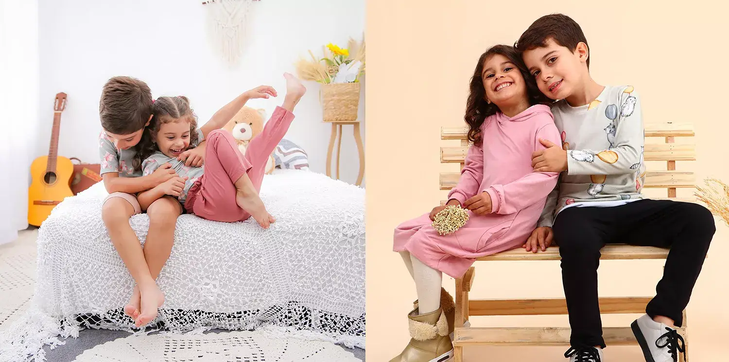 Menina e menino brincando, vestindo Mimor Kids