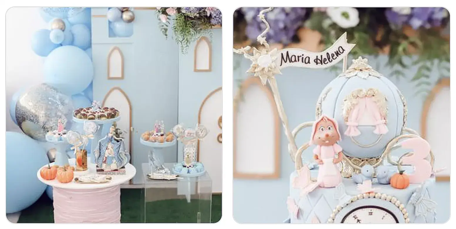 duas fotos de festa infantil com tema Cinderela pela Voilá Festas locações