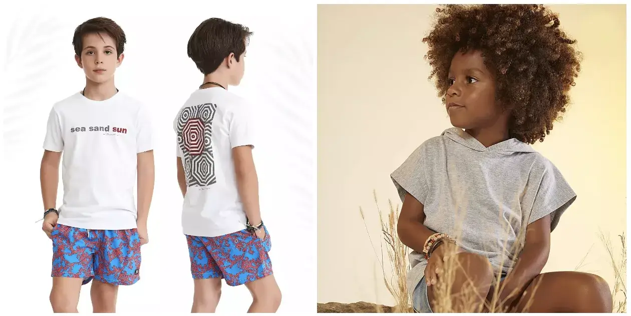 Menino de shorts e camiseta e outro menino de camiseta de manga curta cinza com gorro