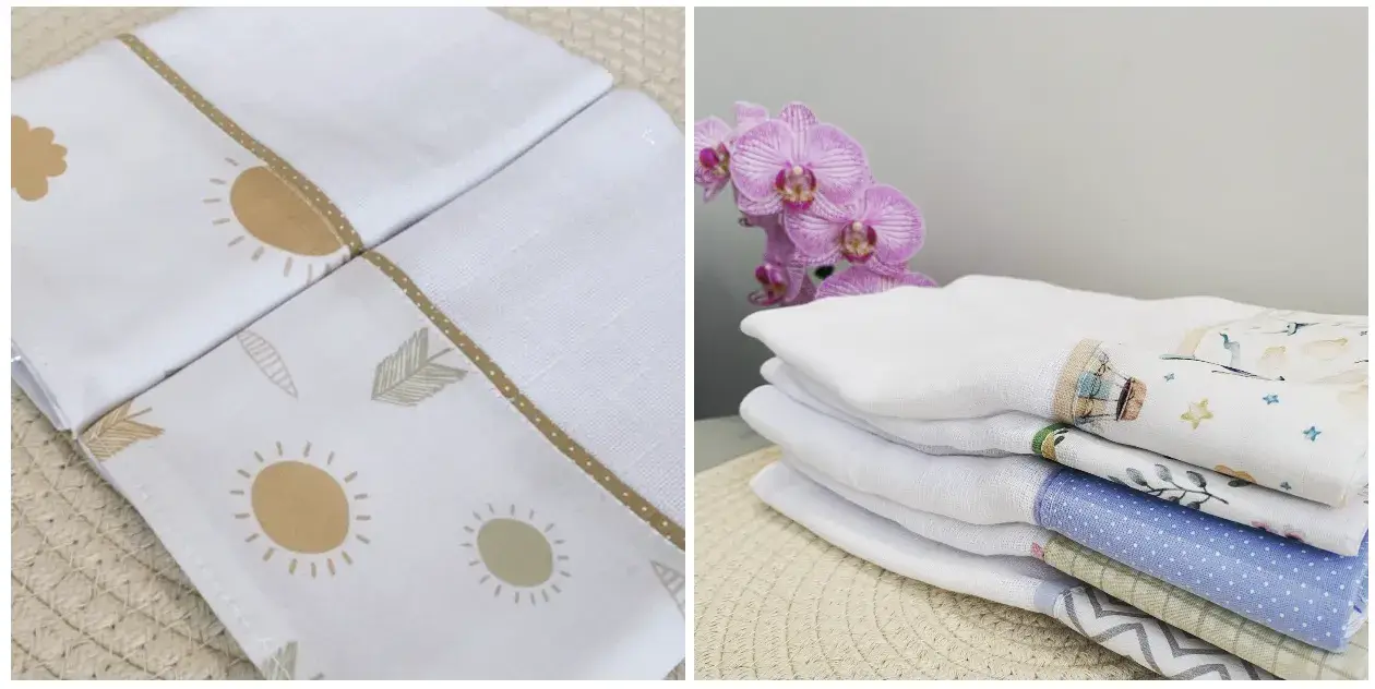 Produtos da Novo Sol Enxoval com estampas de sol e uma pilha de 5 toalhas com diferentes estampas