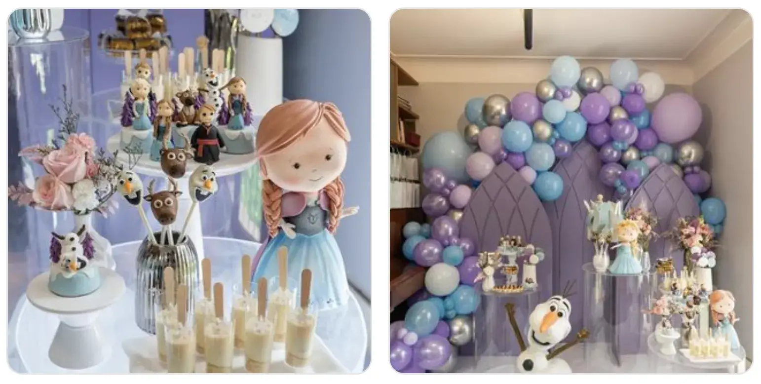 duas fotos de festa infantil com tema Frozen da Disney pela Voilá Festas locações