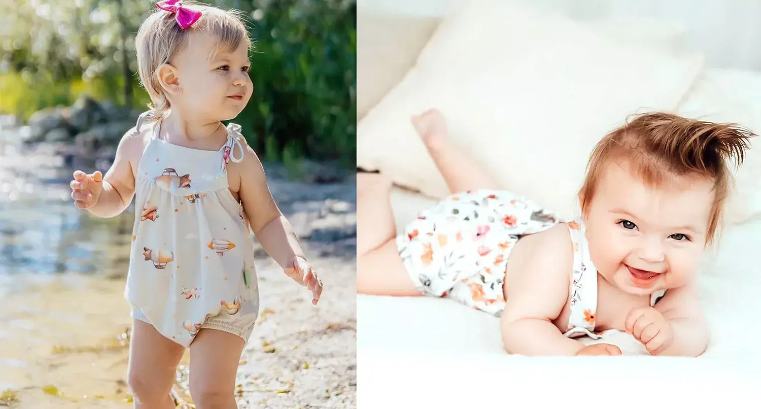 Bebe menina vestindo macacão infantil da Mimor Kids