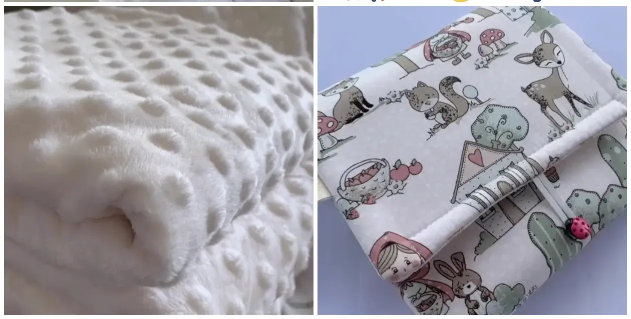 Produtos da Novo Sol Enxoval - manta de cor cru e um produto com estampa de bambi e chapeuzinho vermelho.