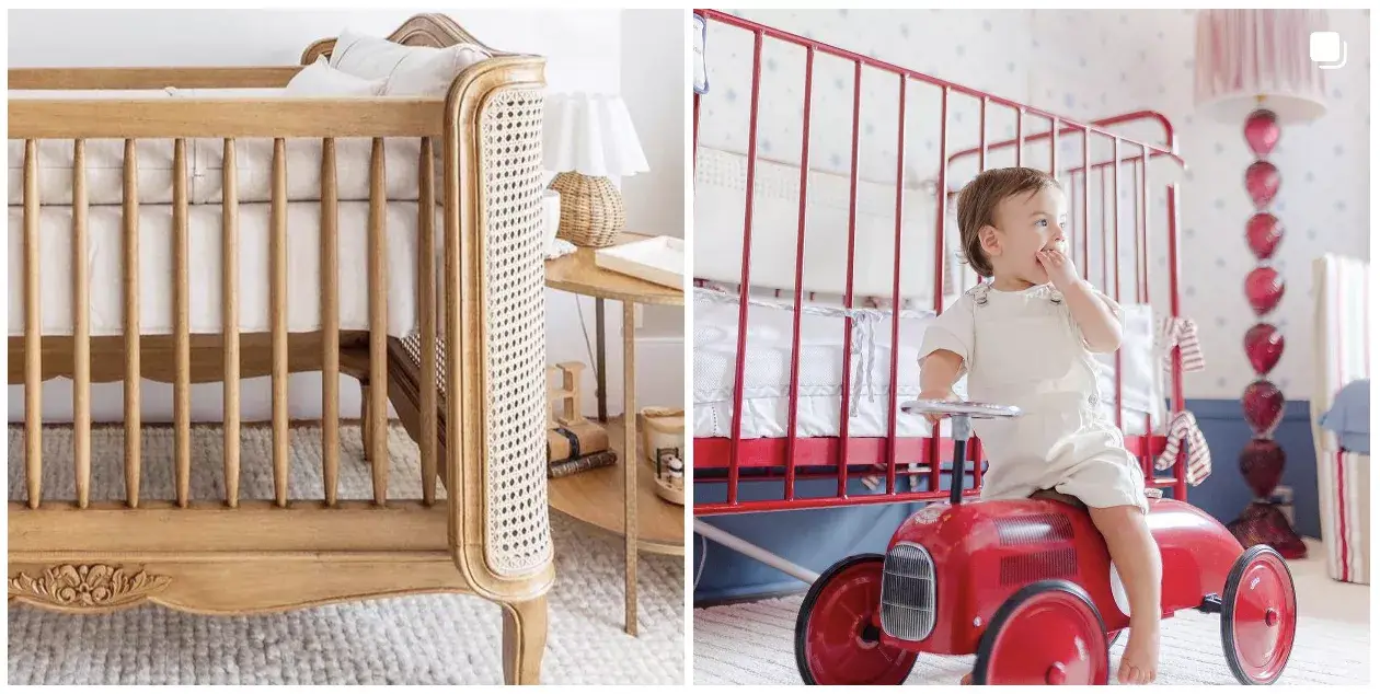 Dois berço infantis e um bebe brincando em cima de um carrinho