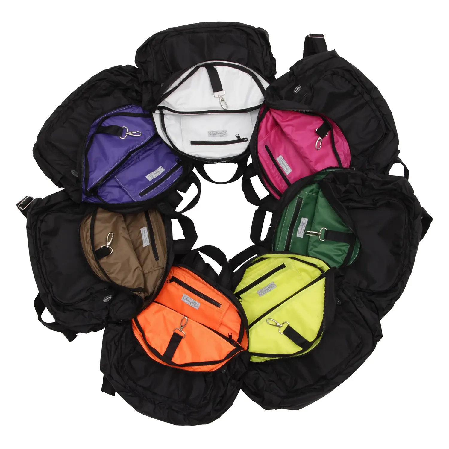 Seis mochilas coloridas em circulo, da Mommy To Go -Just Real Moms