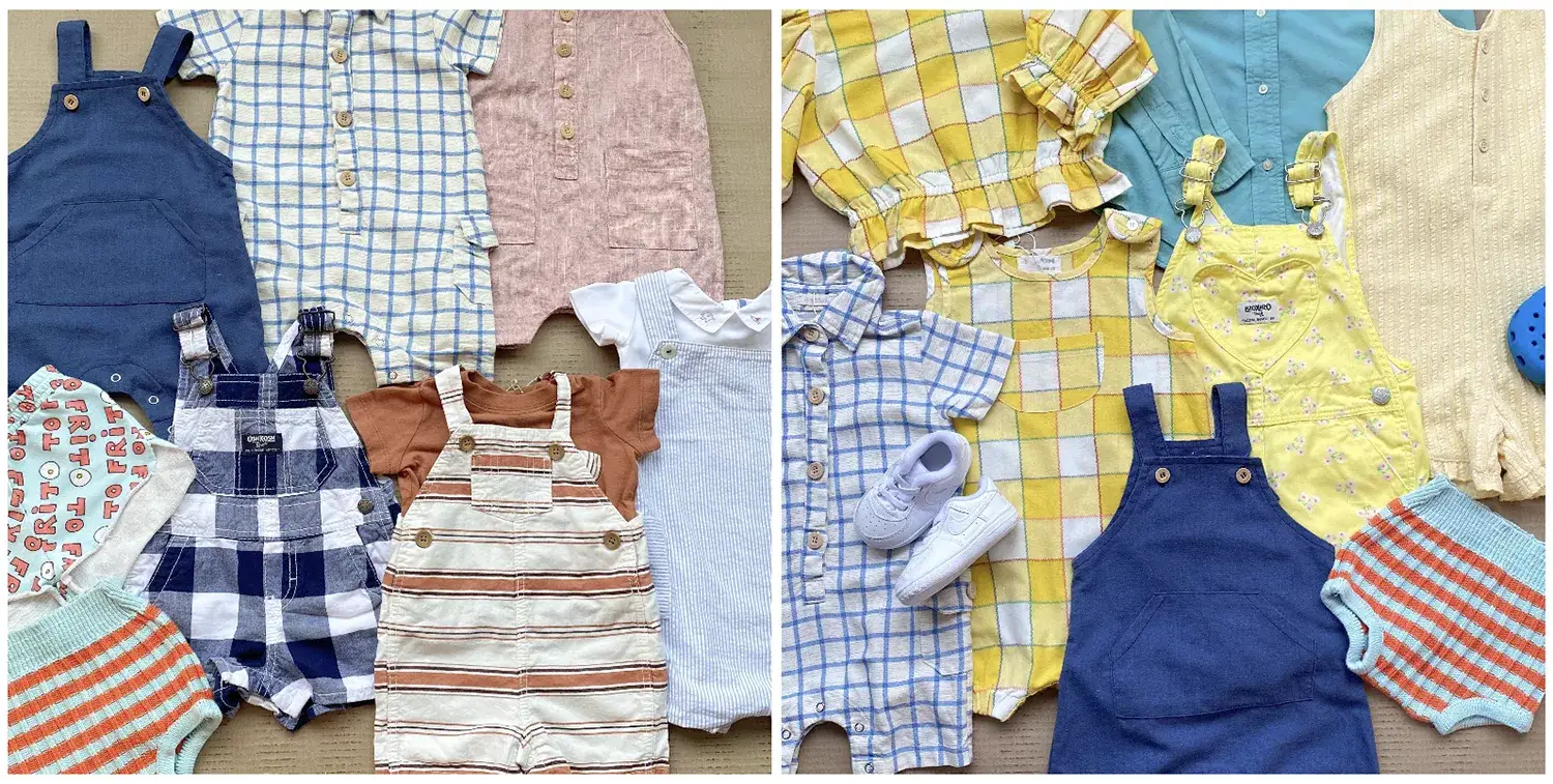 Duas fotos de still de produtos de inúmeros macacões e rompers juntos