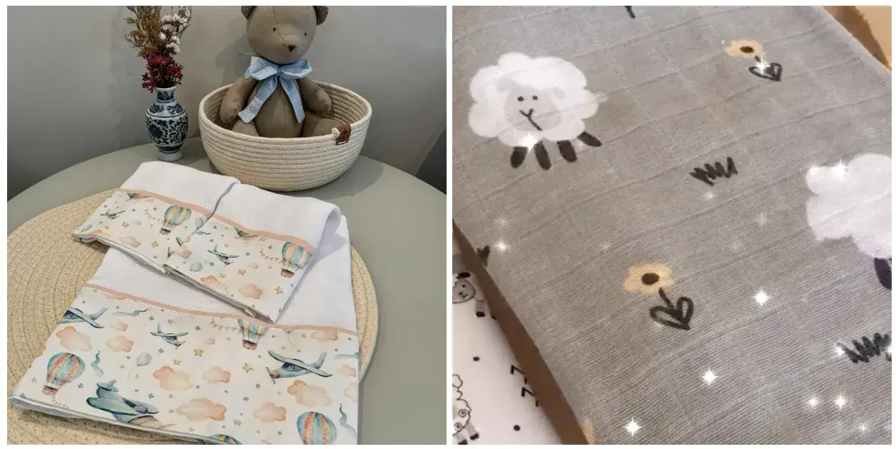 Produtos da Novo Sol Enxoval com estampas diferentes de avião, baldão e carneiro