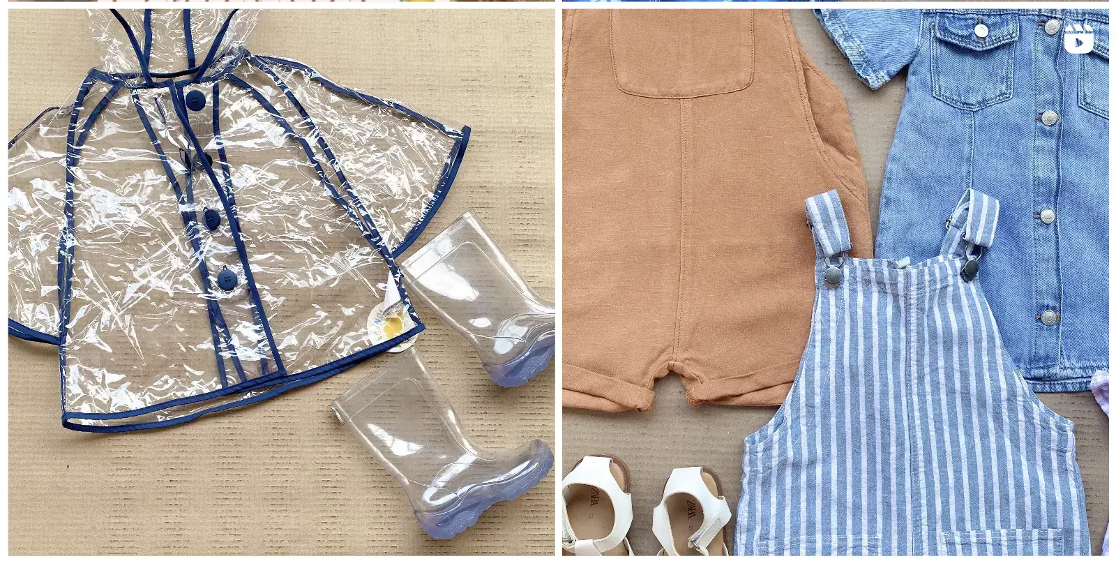 Duas fotos de still de produtos - capa de chuva e bota ambas de plástico e algumas opções de macacão infantil