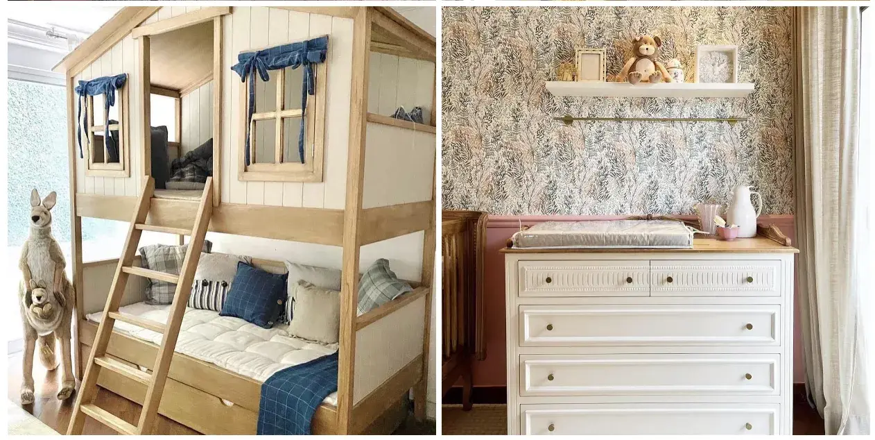 uma bi-cama em forma de casinha infantil e uma cômoda branca