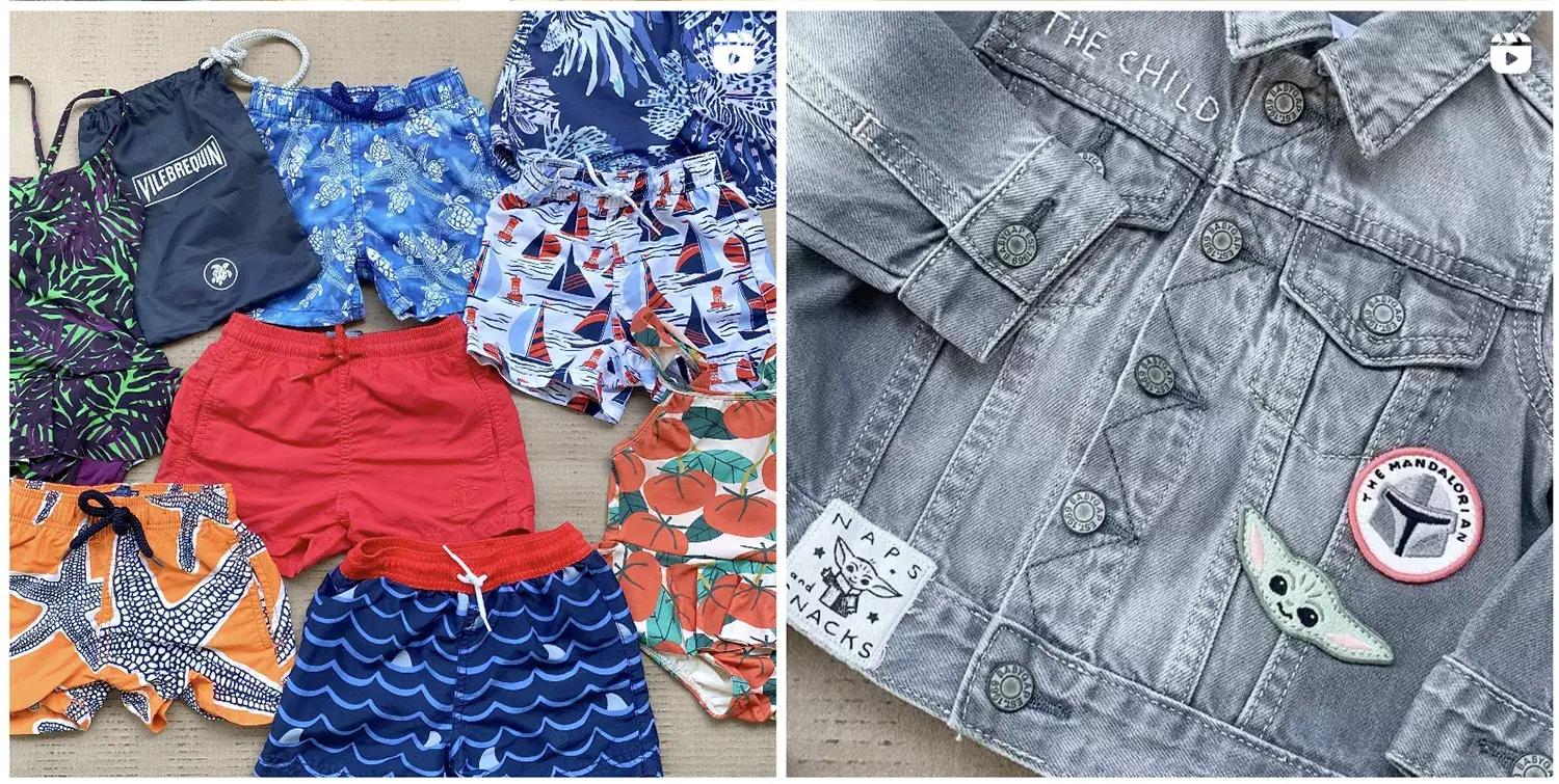 Duas fotos de still de produtos infantis - bermudas da Vilebrequin e uma jaqueta jeans