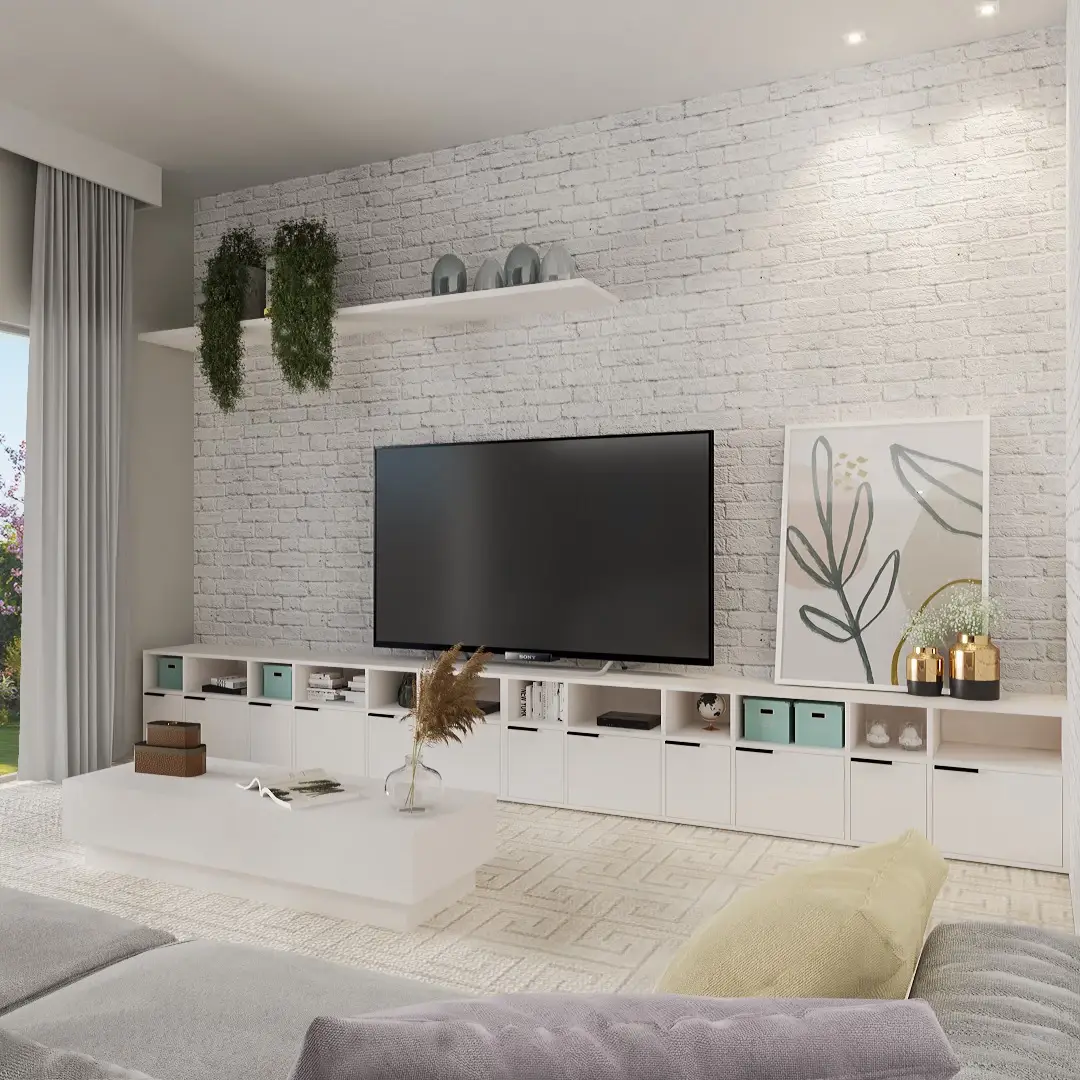 Rack branco longo em sala de estar - Just Real Moms